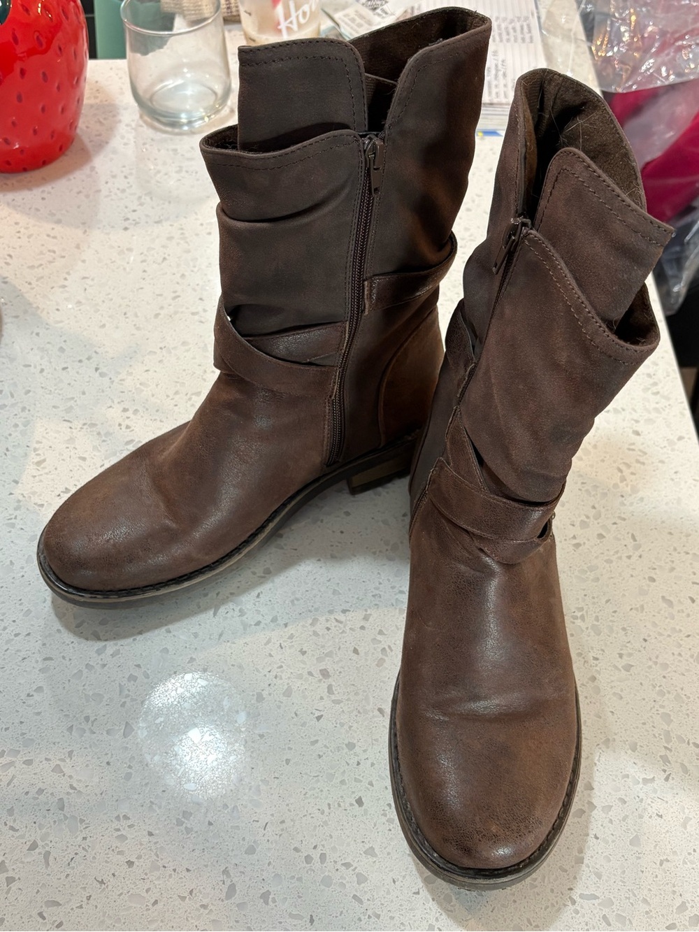 Ladies Brown Moto Boots with Inner Zip